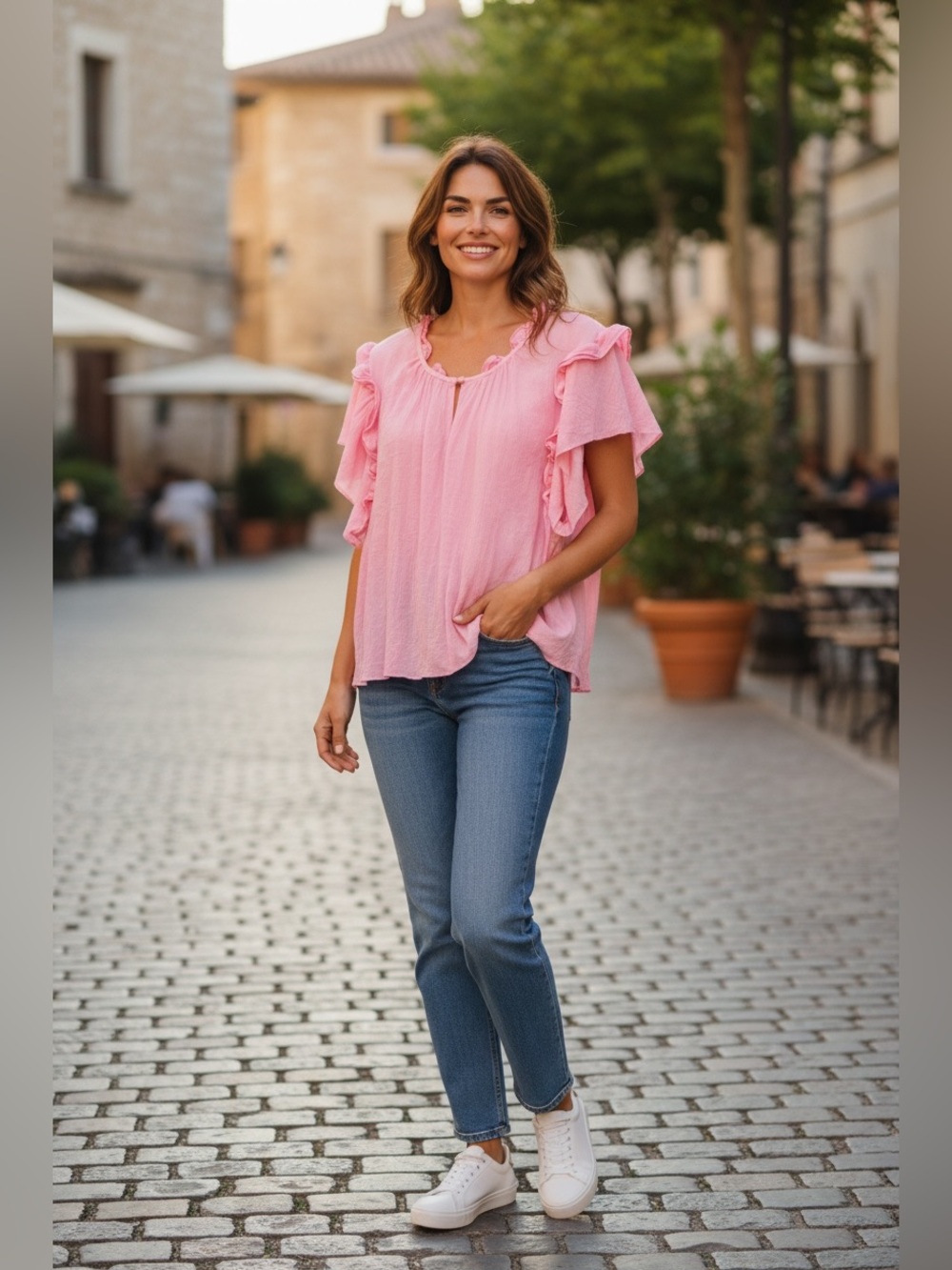 Perch brand Women's Ruffle Sleeve Pink Top